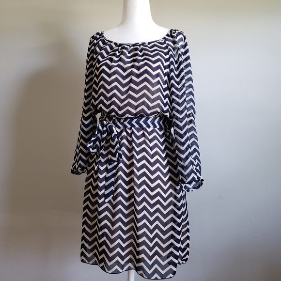 Navy Blue Chevron Striped Blouson Dress - Picture 1 of 10